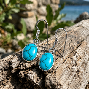 Blue Manmade Turquoise Gemstone Bezel <b>Earrings</b> Handmade <b>Silver</b> Plated <b>Dangle</b> Trendy Gift for Wholesale Jewelry Buyers - Product Image 3