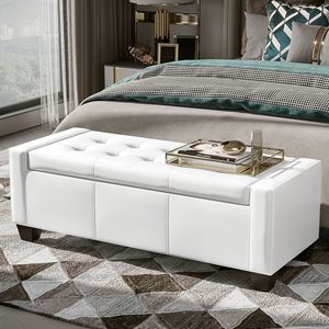50.5\" White Faux Leather Rectangular Tufted Storage Ottoman <b>Stool</b> for Home <b>Office</b> Living Room Entryway or Bedroom - Product Image 2