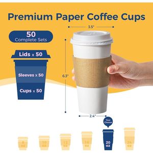 Confezione da 50 Bicchieri di Carta Resistenti da 20 oz per Caffè Caldo, Usa e Getta, con Coperchi Antigoccia e Manicotti per Asporto e Uso Domestico - Product Image 3