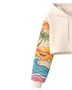 Ensemble crop top et short pour femme, imprimé tropical, manches contrastées, tenue décontractée deux pièces, molleton de coton, vente en gros personnalisée - Product Image 3