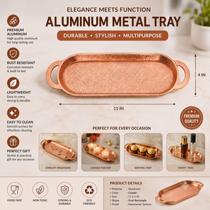 Plateau de service ovale moderne en aluminium de qualité supérieure, finition cuivre brillant, décoration de la maison pour le Ramadan, plateau d'appoint de luxe avec poignée pour bijoux - Product Image 3