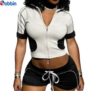 Ensemble 2 pièces tendance pour femme : veste courte sport décontractée et short, style patchwork, fermeture éclair, collection automne - Product Image 2