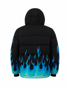 เสื้อแจ็คเก็ตพัฟเฟอร์พิมพ์ลายเปลวไฟสีน้ำเงินสำหรับผู้ชาย เสื้อโค้ทกันหนาวมีฮู้ด สตรีทแวร์ ฮิปฮอป แฟชั่นเสื้อคลุม - Product Image 4