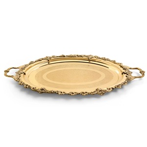 Plateau décoratif rond en laiton avec motif floral gravé et poignée, style traditionnel - Product Image 5