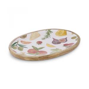 Plateau en bois de manguier durable avec impression émaillée personnalisée, plateau de service décoratif ovale pour noix, fruits et en-cas, assiette émaillée - Product Image 1