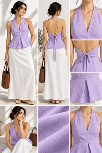 Ensemble haut licou en coton tissé uni violet et jupe longue en lin/coton doux blanc pour l'approvisionnement B2B ultime - Vente en gros - Product Image 6