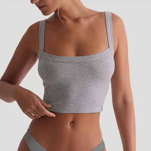 Débardeur court côtelé blanc à col carré pour femme, style minimaliste, couleur unie, coupe ajustée très extensible, en rayonne et dentelle courte - Product Image 4