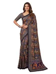 Traditional Indian Ethnic Digital Ajrak Print Chinon Floor-Length Elegant <b>Saree</b> Real Mirror Work <b>Blouse</b> for Women-Best Price - Product Image 1