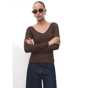T-shirt en tricot à manches longues pour femme, col en V, marron, coupe ajustée, couleur unie, respirant, toutes saisons, style minimaliste - Product Image 1