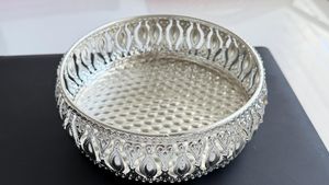 Luxury German Silver Hammered Round Decorative <b>Tray</b> Handmade Iron Serving <b>Tray</b> Premium Metal Fruit <b>Basket</b> Display Platter Home - Product Image 3