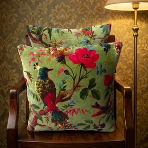 Olive Green Velvet Pillow Covers Colorful Bird of Paradise Floral Print Decorative Cushion Cover for <b>Sofa</b> <b>Bed</b> and Home Decor - Product Image 1