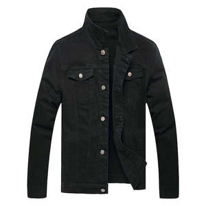 Chaqueta de Mezclilla Negra para Hombre, Cuello Alto, Corte Ajustado, Estilo Casual, Algodón Lavado, Estilo Otoñal, Largo Regular, Cierre de Botón - Product Image 1