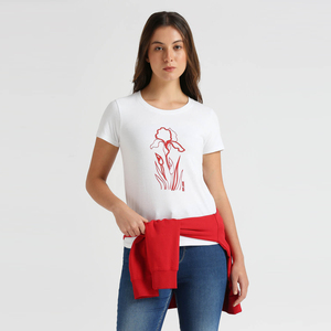 T-shirt pour femmes à col rond avec applications, en jersey de coton doux et léger, manches courtes, décontracté, idéal pour l'été, personnalisable, prêt pour l'exportation en gros - Product Image 1