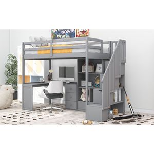Letto a soppalco singolo con scrivania a L e cassetti, armadio contenitore grigio e scala - Mobili per bambini - Product Image 5