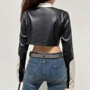 Chaqueta Bomber Negra de PU con Patrón de Cocodrilo en Relieve, Manga Farol, Cuello Alto, Cierre de Cremallera, Corta, Estilo Moto Unisex - Product Image 2