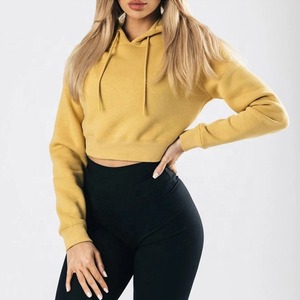 Women Yellow Hooded Crop Sweatshirt <b>Long</b> <b>Sleeve</b> Solid Color Casual Knitted Breathable Autumn Wear - Product Image 1