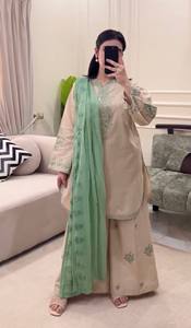 Womens Pure Roman Silk <b>Top</b> Plazzo Dupatta Set 3mm <b>Sequins</b> Embroidery Lace Border Fully Stitched Wedding Festive <b>Party</b> Ethnic Wea - Product Image 3