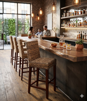 Tabouret de bar moderne en rotin naturel, chaise de comptoir à dossier haut en osier, vente en gros, pour extérieur et intérieur, pieds en bois, tabourets de bistrot et de café