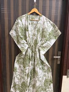 Women's Green Tropical Print Maxi <b>Kaftan</b> Dress V-neck Batwing Sleeve <b>Beach</b> Cover Summer Resort Wear Regular 100% Cotton Vacation - Product Image 1