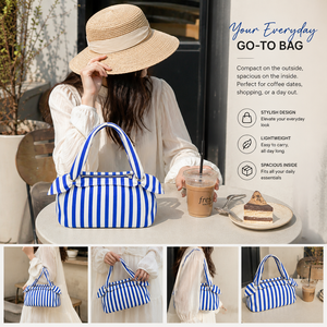 Bolso de Hombro Casual de Lona a Rayas Azules y Blancas para Mujer, con Asa Superior y Cierre de Cremallera, Impermeable y de Lujo - Product Image 4
