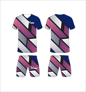 Ensemble d'uniformes de football personnalisés sublimés, rose, bleu, blanc, design géométrique, respirant, séchage rapide, maillot de football d'équipe, shorts, kits pour hommes - Product Image 1