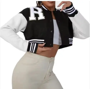 Brown And Cream Varsity Jacket With Letter B Logo Preppy Style Autumn Wear Regular Fit Button Closure For Women - Product Image 3