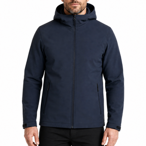 Veste softshell pour homme bleu marine avec logo personnalisé, design minimaliste uni, imperméable, coupe-vent, à capuche, fermeture éclair intégrale, couleur unie - Product Image 1