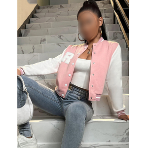 2026 Pink White Varsity <b>Jackets</b> Women Full Sleeve Turn Down Collar Button Closure Autumn Wear Solid Color Short Length - Product Image 1