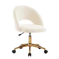 Chaise de courtoisie moderne pivotante en tissu Teddy à hauteur réglable avec dossier incurvé et base en métal doré et roulettes pour le maquillage de la chambre à coucher