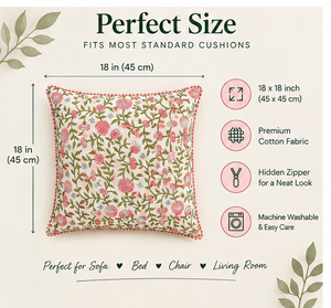 Funda de Cojín Floral Estampada a Mano, Funda de Almohada de Algodón Slub, Funda Decorativa Floral para Sofá, Hogar, Hotel - Product Image 4