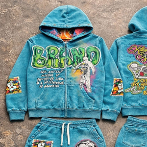 Ensemble de survêtement sportif personnalisé avec logo numérique, sweat à capuche zippé 100% coton, coupe courte, effet délavé vintage, surdimensionné pour homme - Product Image 2