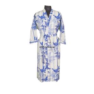 Bata de baño larga de algodón Vestido de noche de invierno Kimono Bloque de mano Impreso Floral Kantha Cierre de cordón Chaqueta Bata - Product Image 1