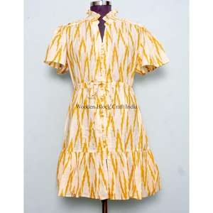 Indian Cotton V-neck <b>Mini</b> A-Line Dress Eco-Friendly Floral Pattern Button Decoration Casual Sexy Short Sleeve Custom Logo - Product Image 1