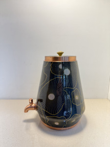 Premium Teal Blue Printed Pure <b>Copper</b> Water Dispenser Tank 8L Abstract Gold Floral Matka Leakproof Metal Water Camper with Tap - Product Image 3