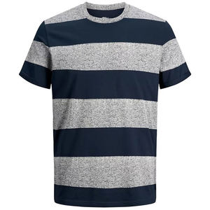 T-shirt à col rond pour homme, manches courtes, uni, tricoté, coupe décontractée, bleu marine et gris, color-block, 100% coton respirant - Product Image 1
