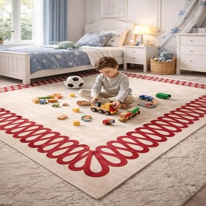 Tapis moderne à bordure rouge, tapis contemporain tufté à la main avec cadre bouclé, tapis en laine de qualité supérieure, tapis décoratif minimaliste pour salon et chambre à coucher - Product Image 5
