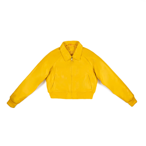 แจ็คเก็ตบอมเบอร์หนังเทียมสีเหลืองลายเซ็น รุ่นเรกูลาร์ สไตล์วาร์ซิตี้ แบบซิป ยูนิเซ็กส์ เสื้อคลุมสตรีทแวร์ ทรงพรีเมียม ใส่ได้ในฤดูใบไม้ผลิ - Product Image 1