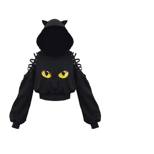 Haut à capuche noir à imprimé animal avec oreilles de chat, éco-responsable, à manches courtes et épaules dénudées, style gothique punk, streetwear, séchage rapide, pour l'automne - Product Image 1