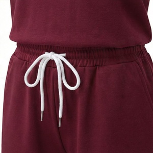 Conjunto de 2 Piezas para Mujer, Top de Manga Corta con Capucha y Pantalones Cortos, Color Sólido, Corte Holgado, Estilo Casual, Largo por Encima de la Rodilla, Traje de Algodón - Product Image 5