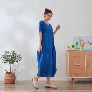 Robe midi vintage en coton à taille haute, manches cloche, avec nœud, coupe trapèze, pour l'été, à manches courtes, en gaze douce et légère, tenue d'intérieur naturelle - Product Image 2