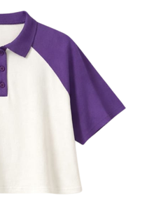 Custom Purple And <b>White</b> Women Cropped Polo T <b>Shirt</b> Raglan Sleeve Casual Cotton Top Button Placket Summer Fashion Streetwear Tee - Product Image 2
