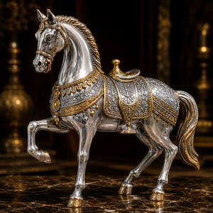 Figura de Caballo de Plata de Ley con Detalles en Oro, Arte Tradicional de Latón para Decoración del Hogar, Sala de Estar, Decoración de Mesa Interior - Product Image 1