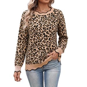 Custom Leopard Pattern Women <b>Sweaters</b> Khaki Scallop Hemline <b>Crewneck</b> Long Sleeve Comfortable Warm Acrylic Tops Pullovers - Product Image 1