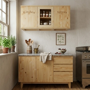 Mueble de Cocina Rústico de Madera Maciza, Gabinete de Especias Montado en la Pared con Puerta de Vidrio, Consola de Almacenamiento con Cajones, Mueble de Despensa - Product Image 4