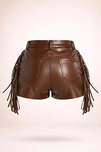 Shorts en cuir pour femme UNIQUE LEATHER, style western, à franges et pompons, pour festival, imperméables, taille élastique, coupe décontractée - Product Image 3