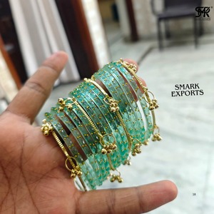 Luxury Handmade Sea Green Kashmiri Raindrop Glass Bangle Set Ghungroo Gold Plated Traditional Ethnic Wedding Jewelry for Women - Product Image 6