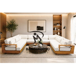 Modern Teak Wood Sectional <b>Sofa</b> Upholstered Lounge Couch Corner <b>Sofa</b> Set for Living Room Hotel Villa - Product Image 3