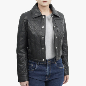 Blouson en cuir noir matelassé tendance pour femme, coupe courte et ajustée, style motard, en similicuir PU, vêtement d'extérieur streetwear - Product Image 1