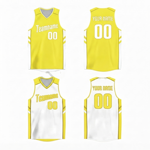Maillot de basketball personnalisé sublimé tendance 2026 jaune et blanc pour homme, en maille polyester respirant à séchage rapide, col en V, avec nom et numéro d'équipe - Product Image 1