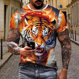 T-shirt graphique 3D Roaring Fire Tiger pour hommes |   T-shirt à sublimation animale Flamme Intense |   Haut urbain streetwear orange vif - Product Image 4